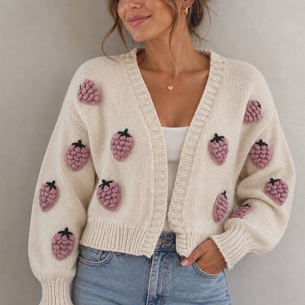 Talulah Cream 3d Strawberry Applique Knit Cardigan Sweater M Balloon Sleeve t2